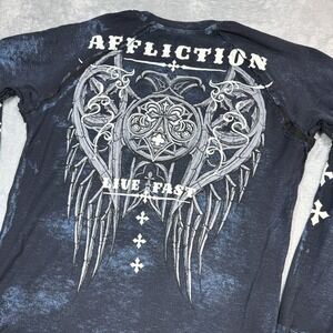 Affliction Live Fast Long Sleeve Men XL Blue Black Cross Wings Sleeve Print